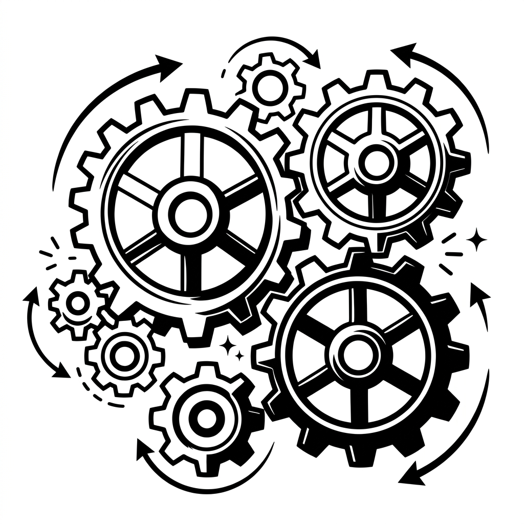 Black and white illustration of multiple interlocking gears with arrows indicating rotational movement